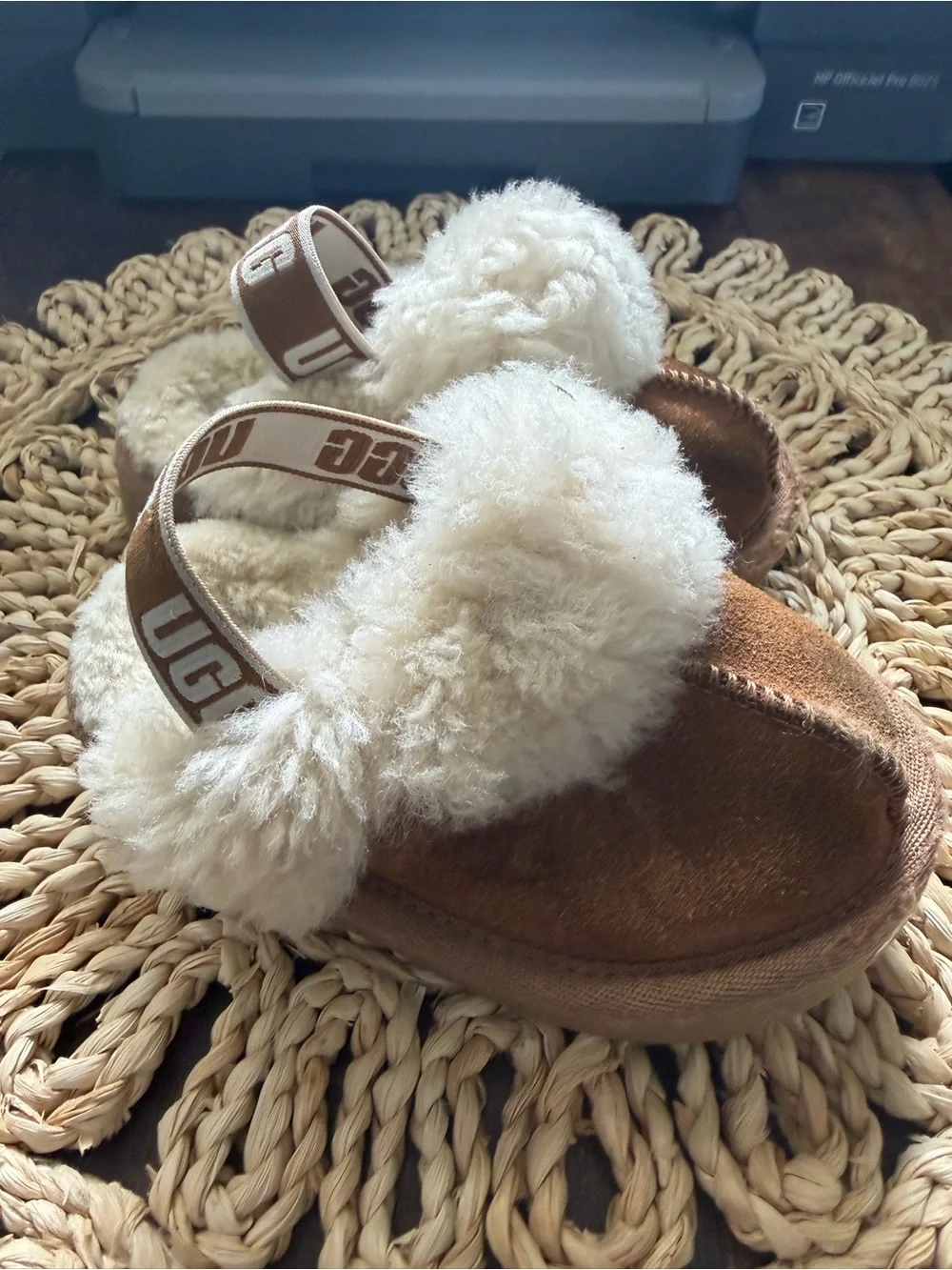 UGG Baby Chestnut Brown Slippers with Cream Fur Trim